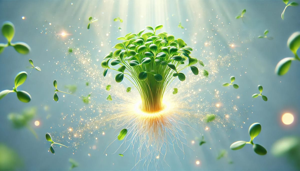 An image of microgreens floating in mid-air with a heavenly glow around it.