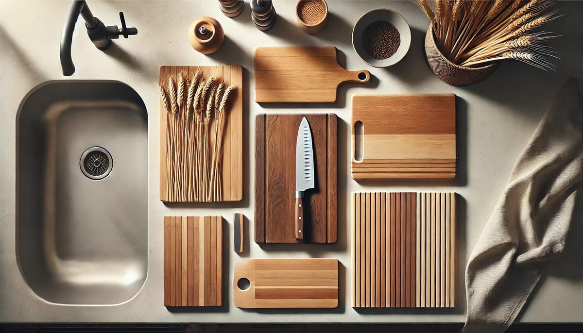 Various cutting boards on a kitchen countertop