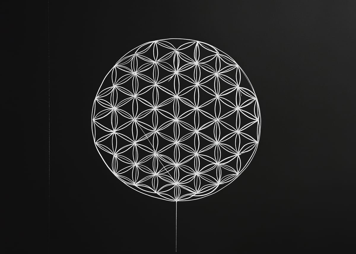 A simple black-and-white line drawing of the Flower of Life, a symbol from sacred geometry