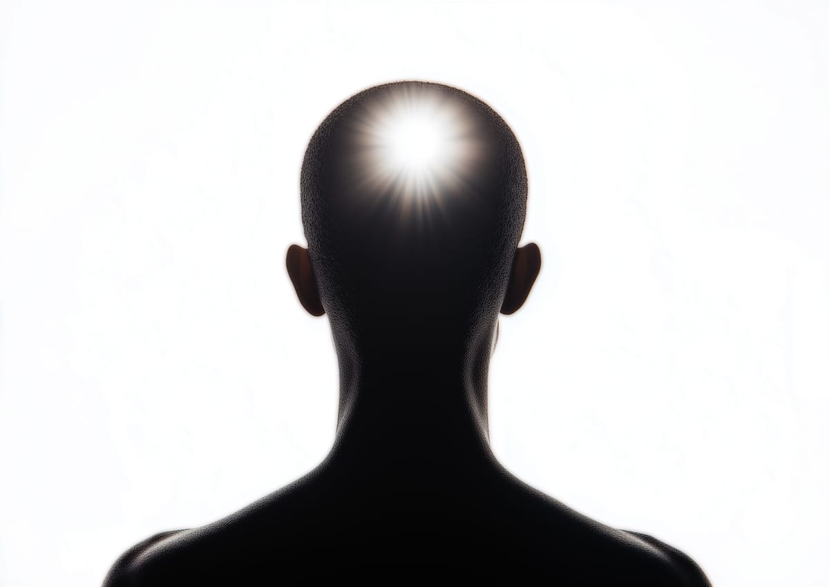 A person's head and back with a glowing spot.