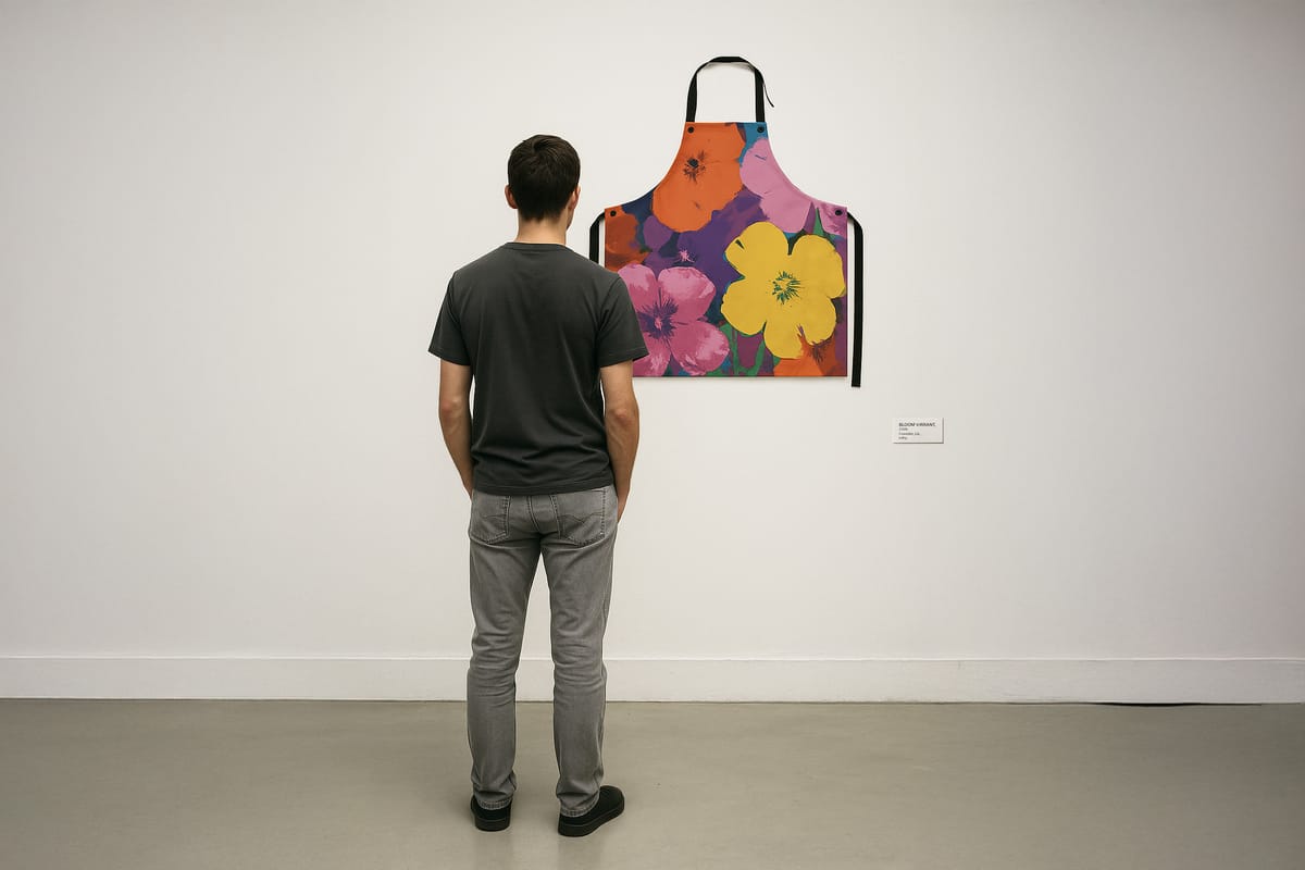 Gallery attendee looking at the wall art apron piece