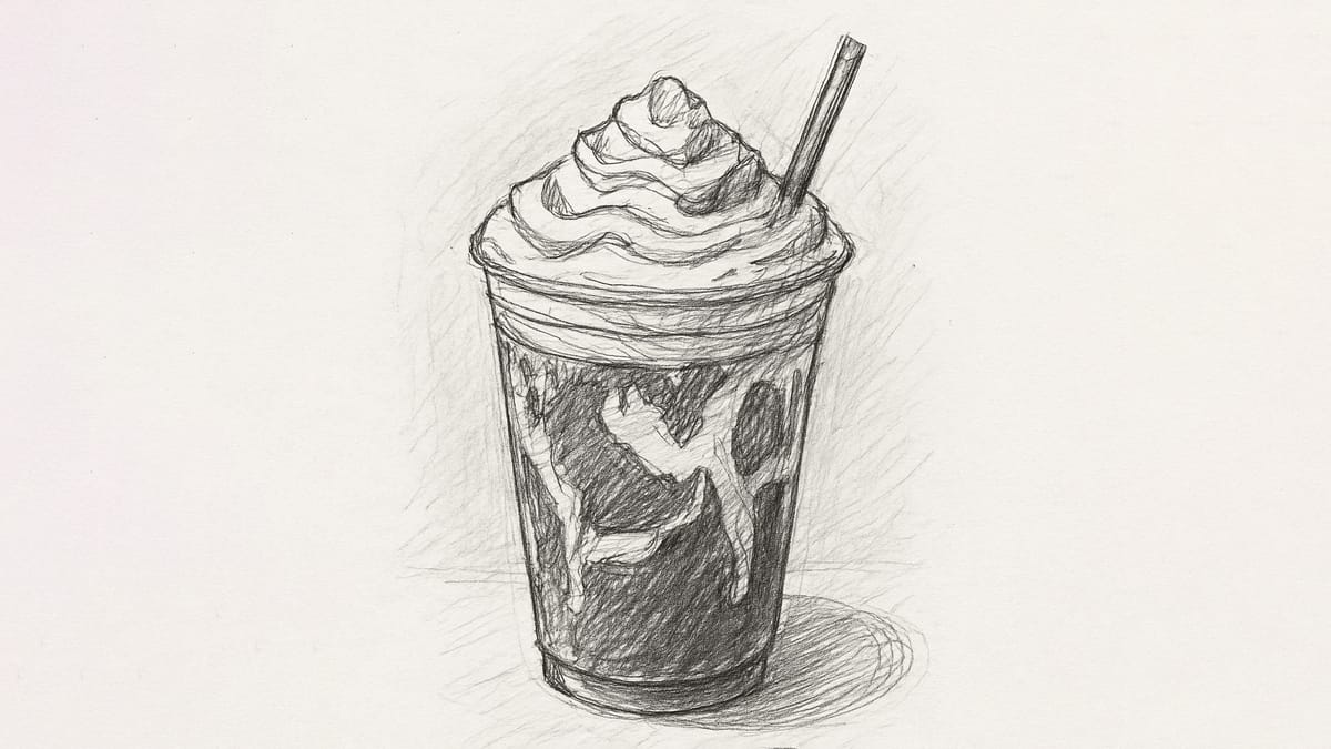 Pencil drawing of a latte topped with whipped cream