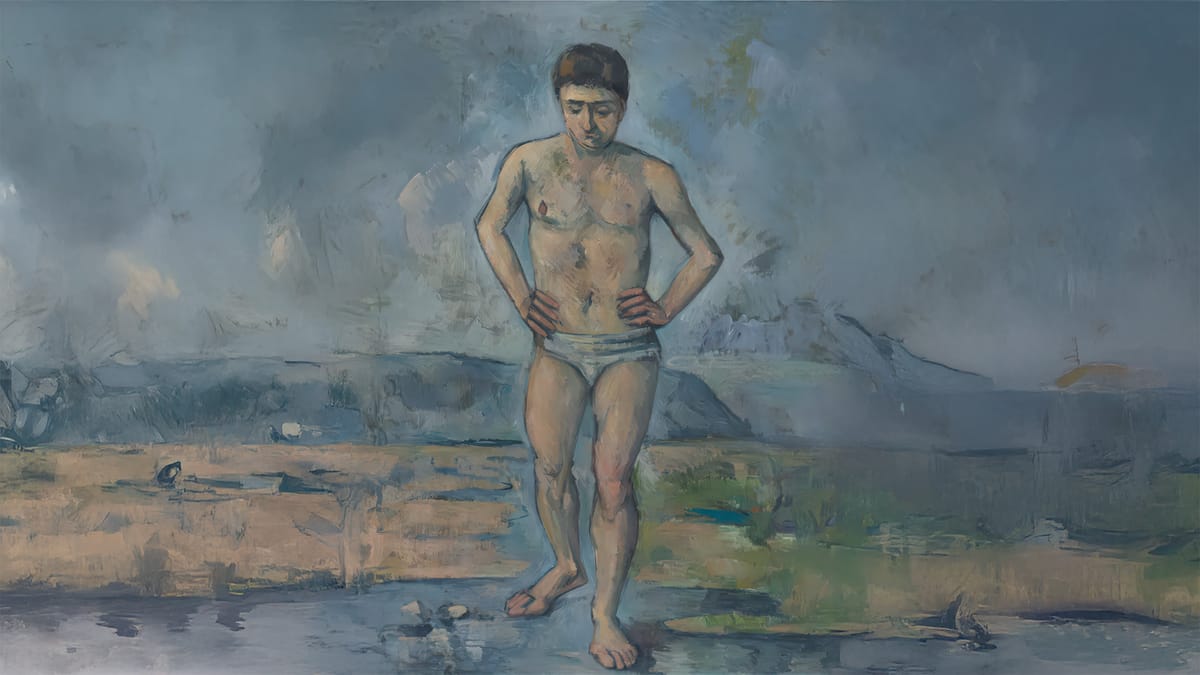 Paul Cézanne’s painting ‘The Bather,’ shown in a widened crop, featuring a full standing figure outdoors near water.