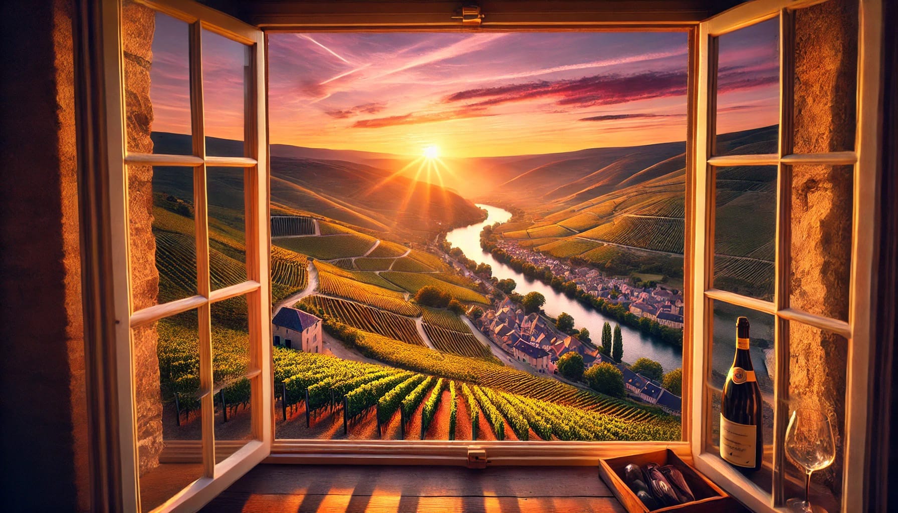 An imagined view of the rolling hills of Côtes du Rhône during sunset