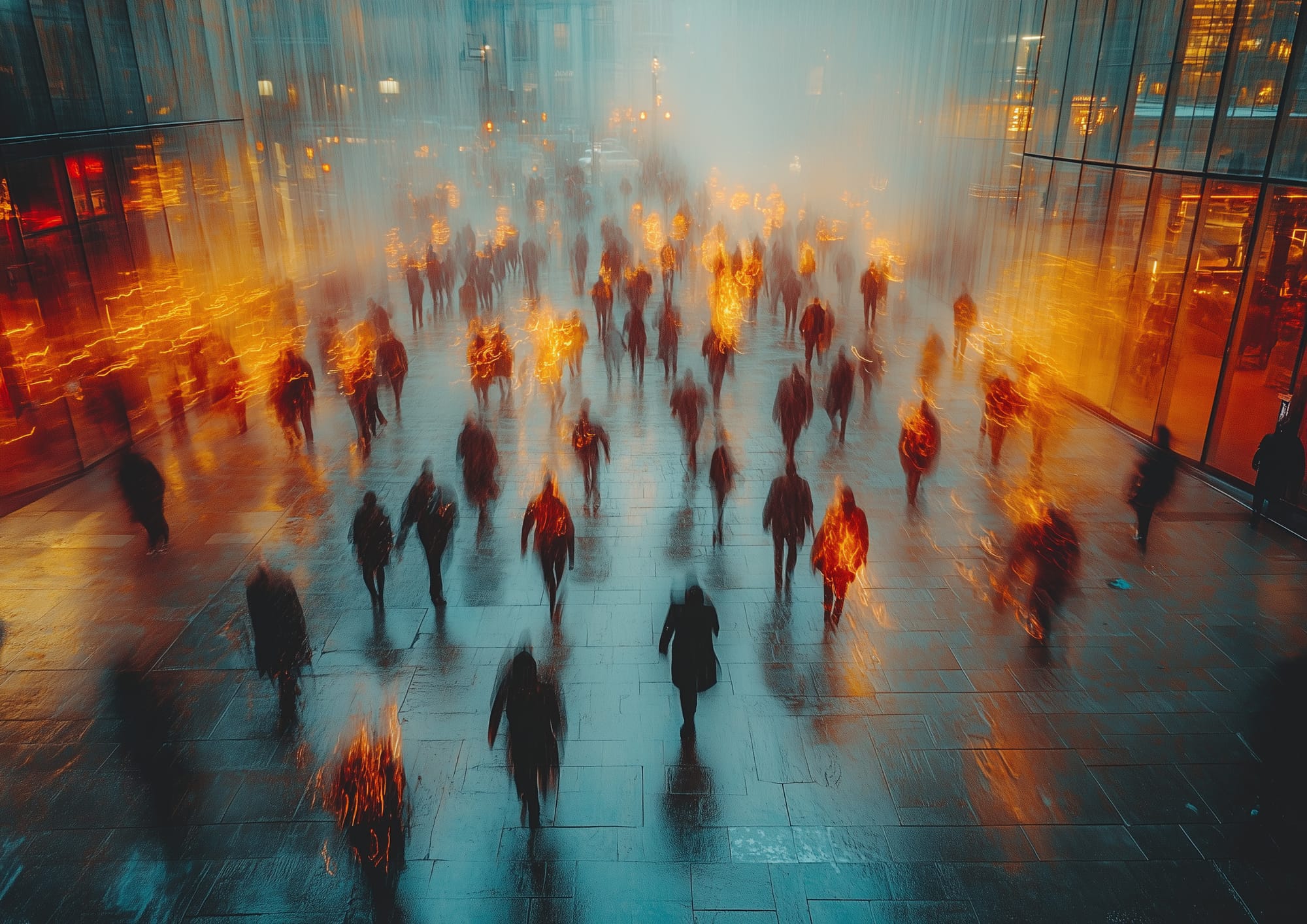 Blurry aerial image of a group of pedestrians with several individuals in a public space glowing with anger.
