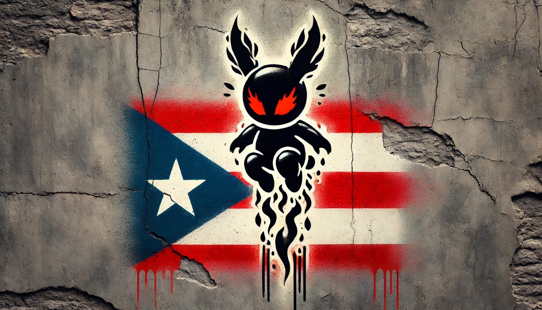 A graffiti-style devilish bunny painted on a rugged stone wall, hovering over the Puerto Rican flag
