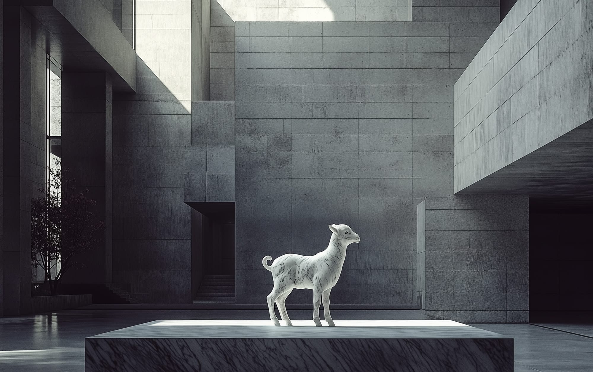 A marble sculpture of a baby goat in a lobby
