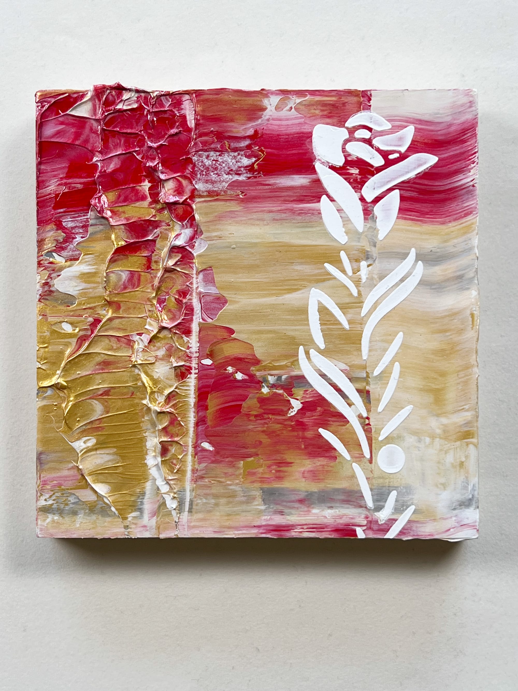 Abstract Floral Painting – 6x6 Red and Gold Textured Acrylic with White Botanical Motif