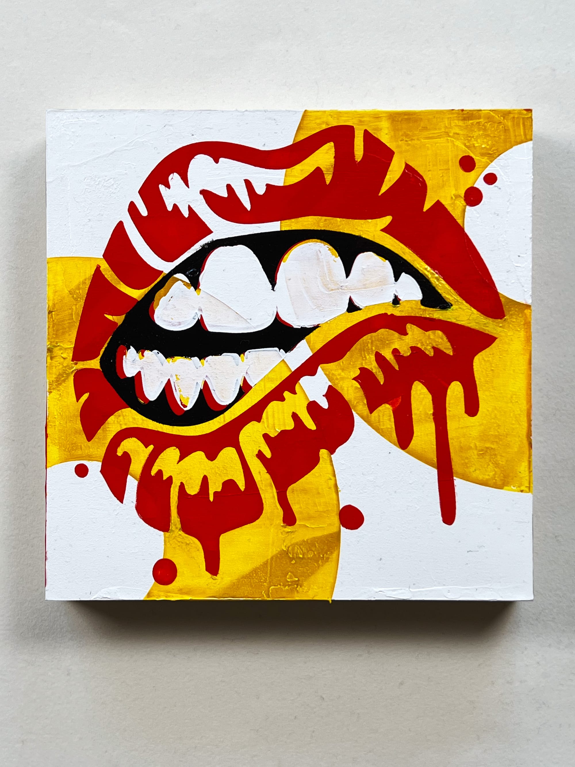 Dripping Lips Painting – 6x6 Red, Gold, and White Pop Art Acrylic on Cradled Panel 