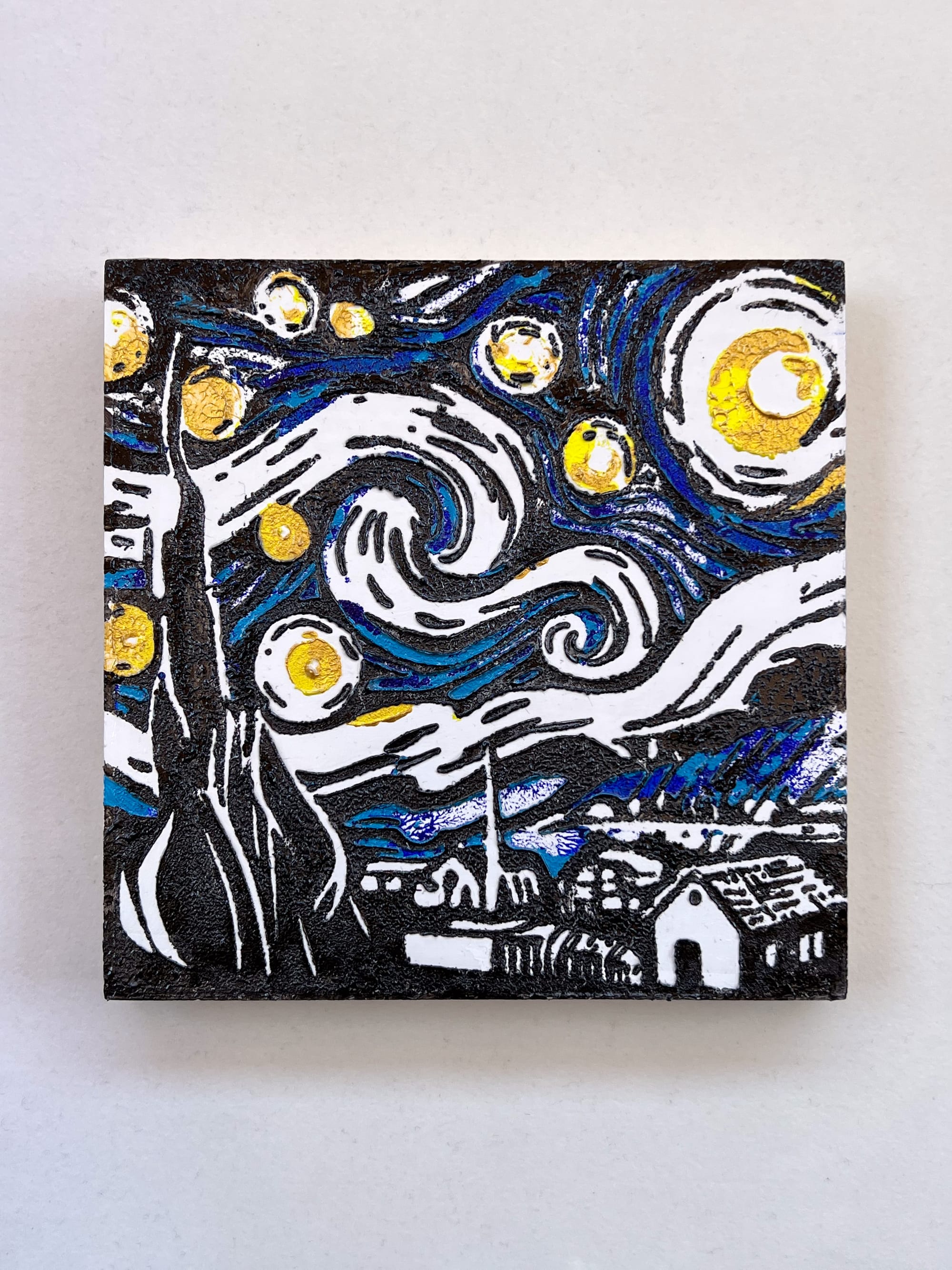 Starry Night Textured Painting – 6x6 Acrylic on Wood, Van Gogh Inspired Black & Gold Impasto Art