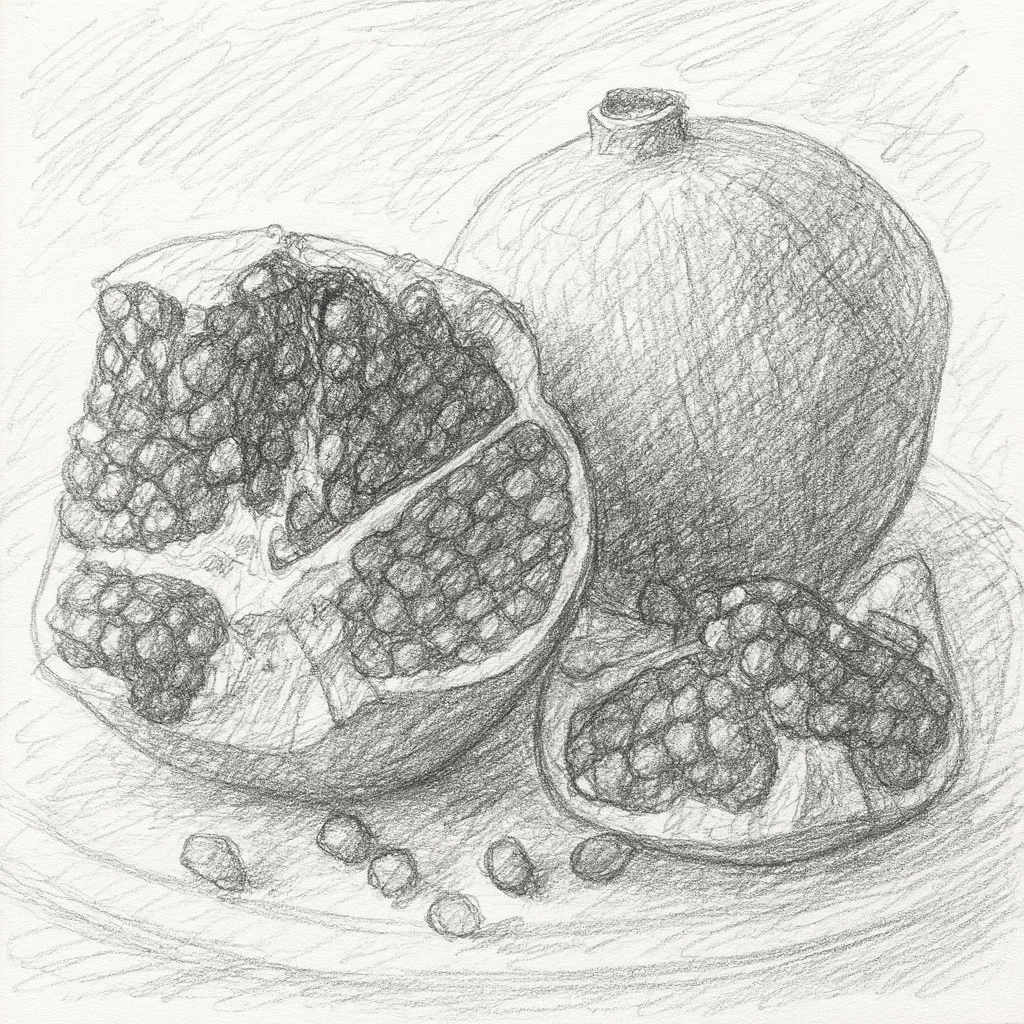 A sketchy pencil drawing of a pomegranate on a plate, showing one whole fruit and another halved with visible seeds, symbolising the myth of Persephone.