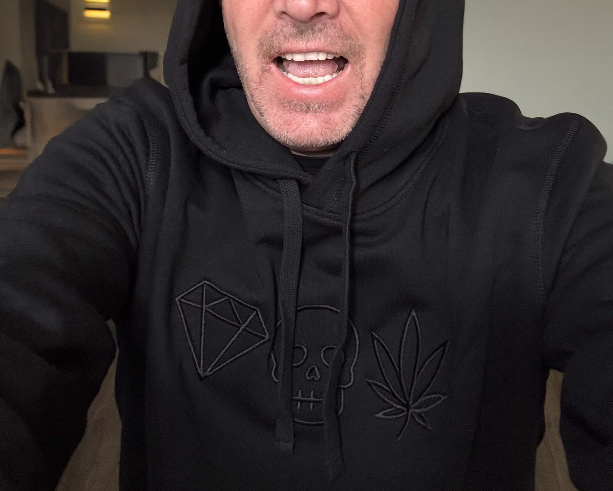 Unisex organic cotton hoodie in black with embroidered Diamond Skull Weed