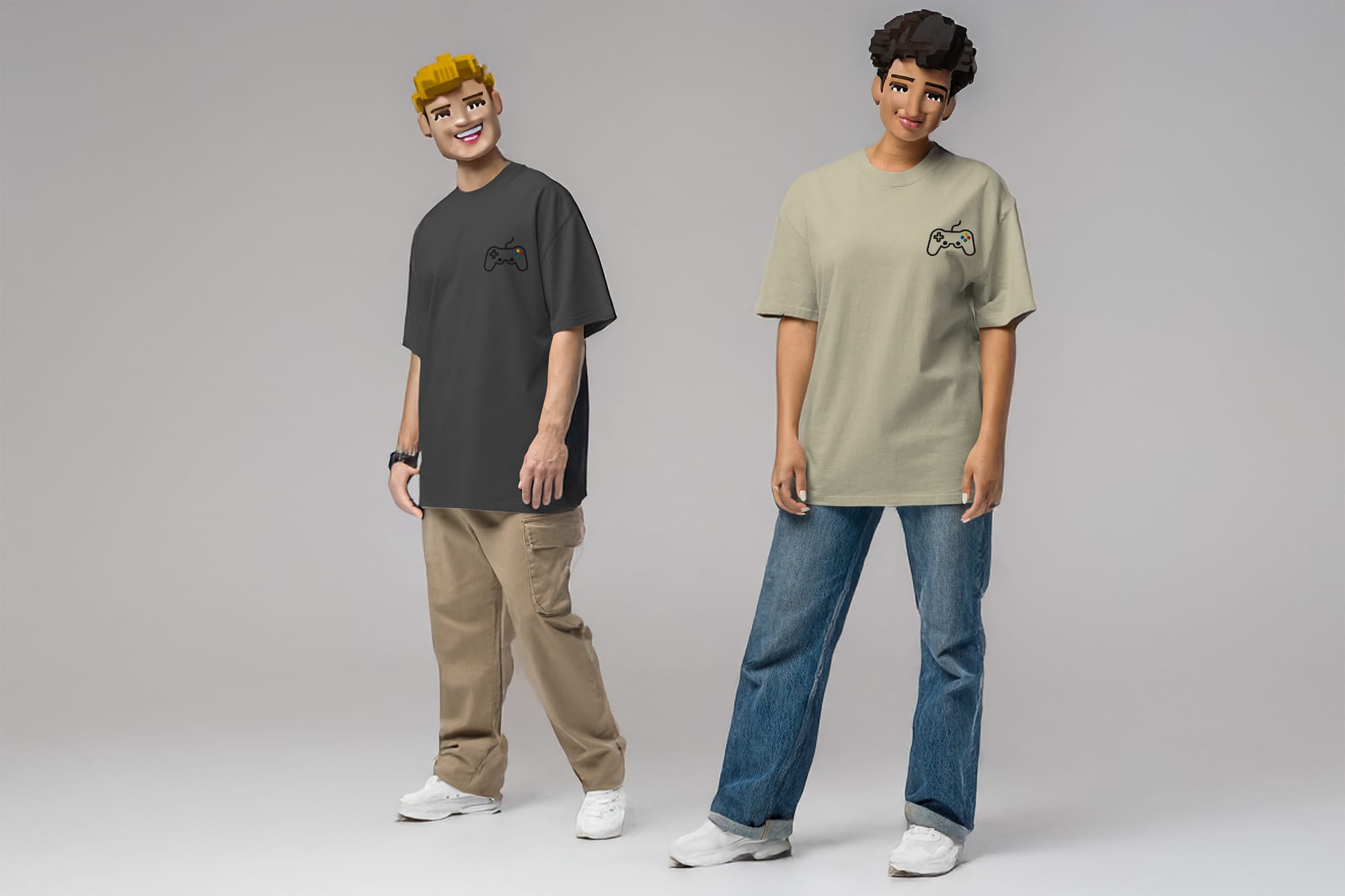 Video game character-masked individuals wearing FUKKT Embroidered Oversized Faded Video Game Controller T-Shirts 