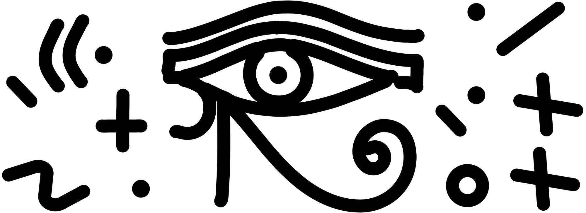 The Eye of Horus glyph surrounded by supporting symbols in black line art.