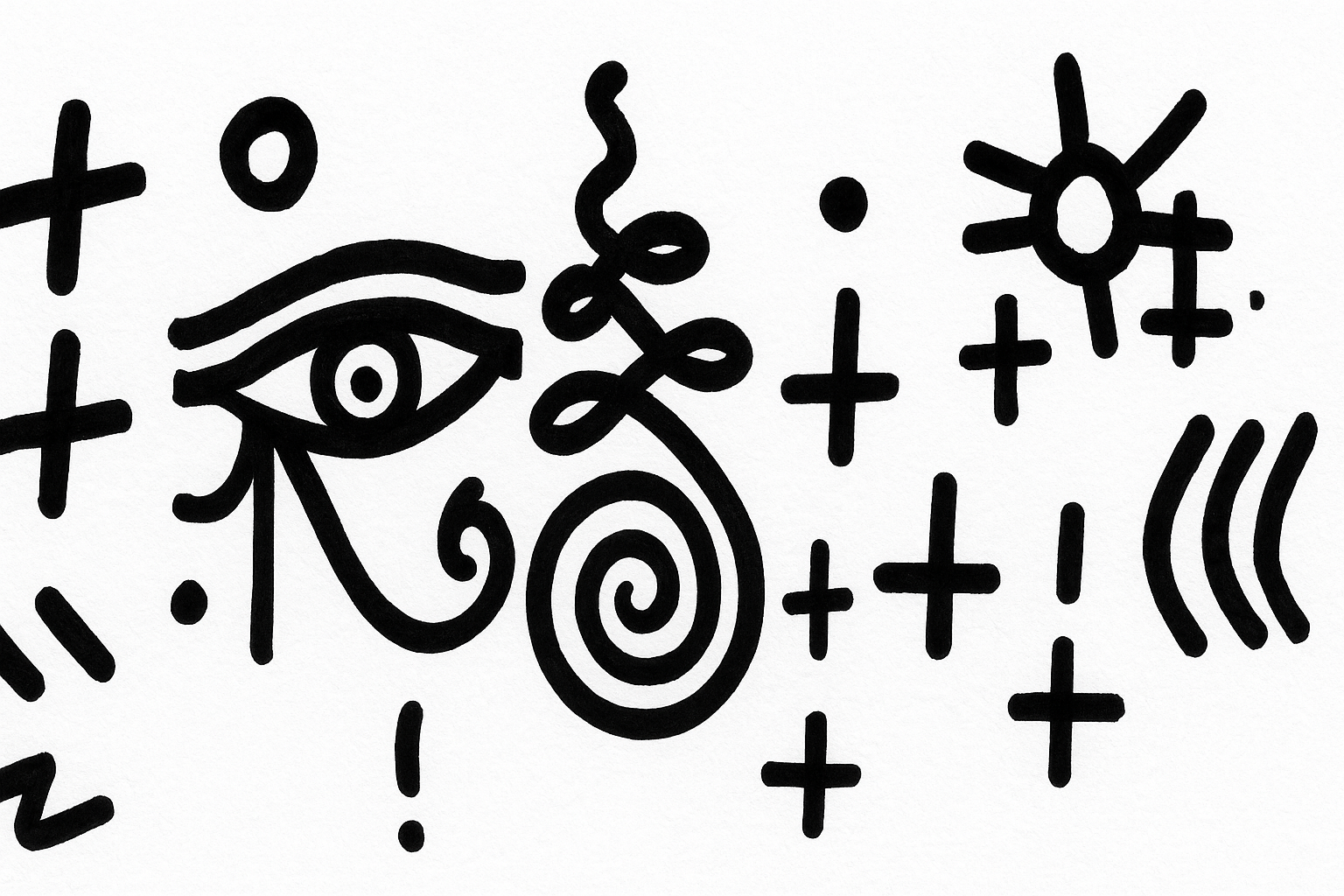 Black marker illustration of three glyph sets from the Silent Symbols collection.
