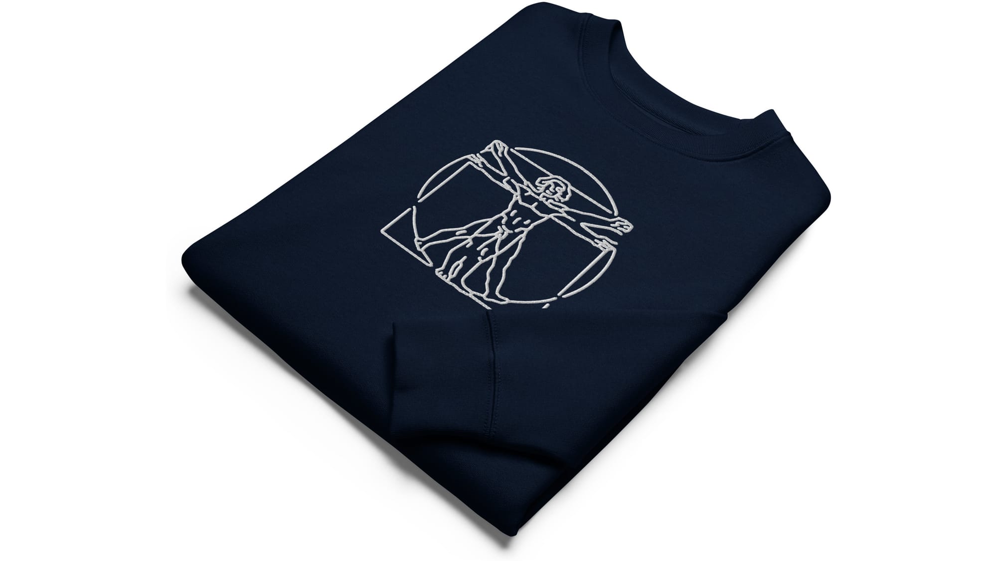 Black organic sweatshirt with a minimalist embroidered outline of Leonardo’s Vitruvian Man, centred on the chest.