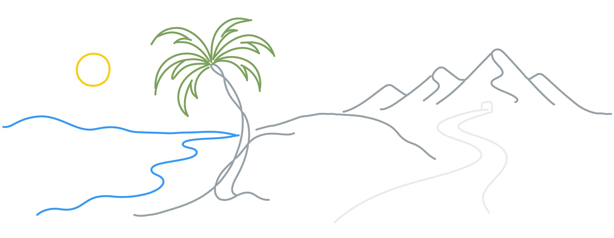 A line drawing of the sun, coast, mountain, and road.