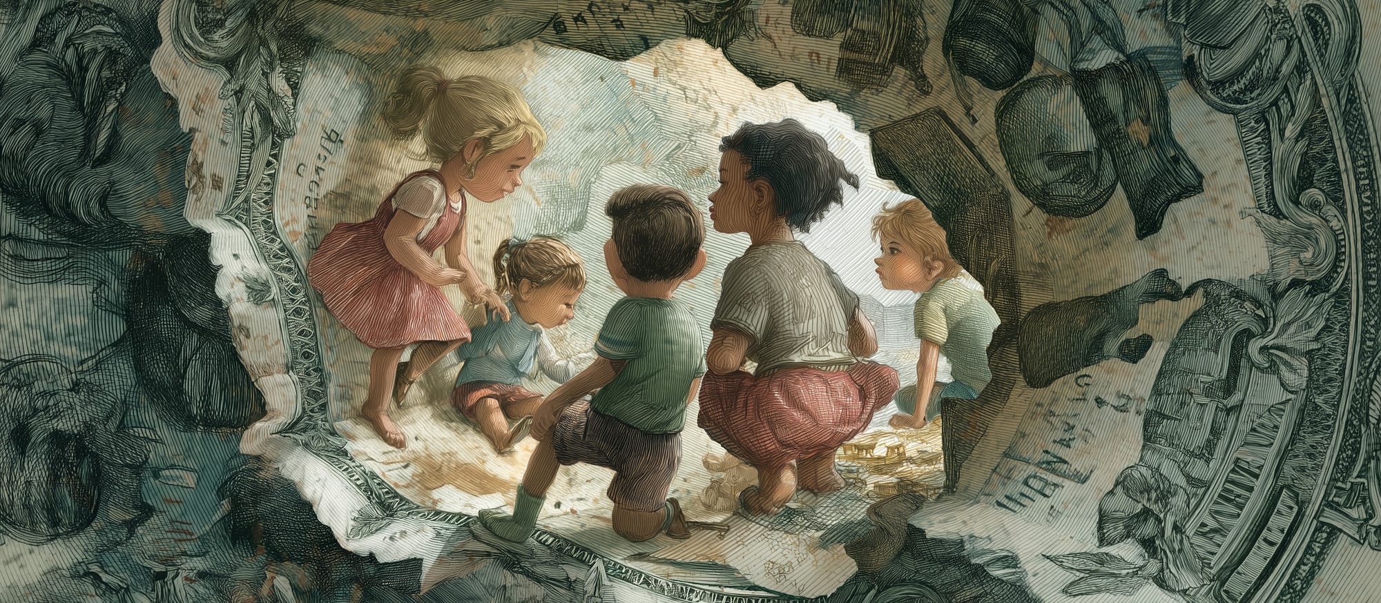 Illustration of young children gathered inside a torn U.S. dollar bill, playing together while surrounded by fragments of currency.