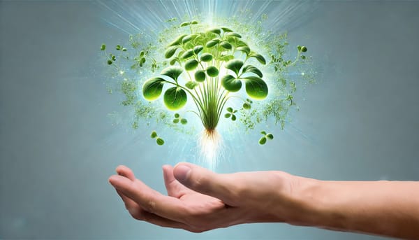Microgreens hovering above an outstretched hand.