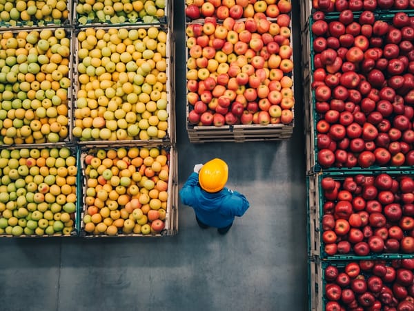 Overhead view of a worker standing by various apple fruit crates in a food factory warehouse