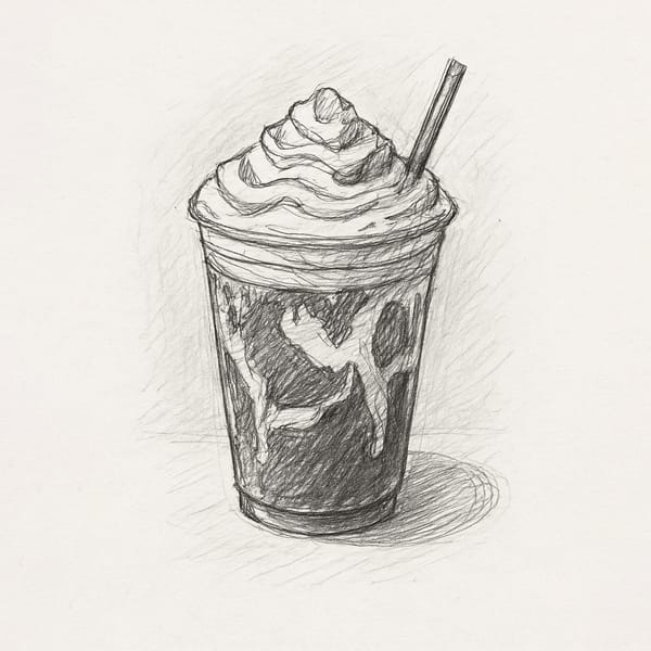 Painting of a latte topped with whipped cream, inspired by Warhol’s Campbell’s Soup cans, symbolising coffee as addiction, ritual, and modern consumer icon.