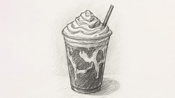 Pencil drawing of a latte topped with whipped cream