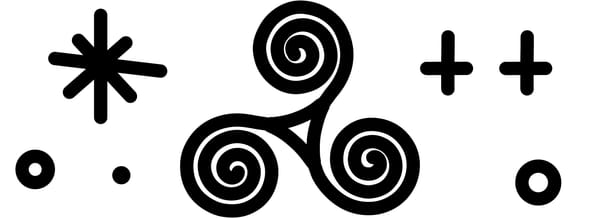 Triskelion glyph surrounded by supporting symbols in black line art.