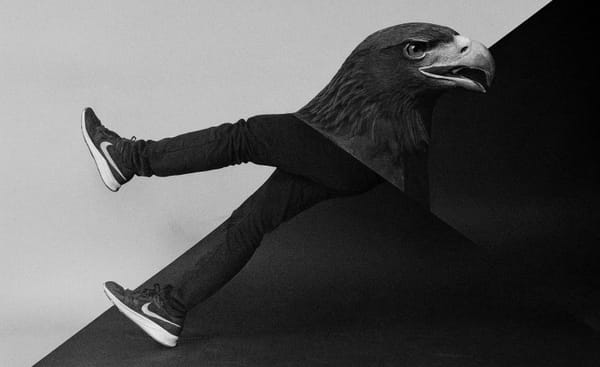 Black-and-white surreal image of a bird’s head combined with human legs in a diagonal composition.