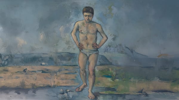 Paul Cézanne’s painting ‘The Bather,’ shown in a widened crop, featuring a full standing figure outdoors near water.